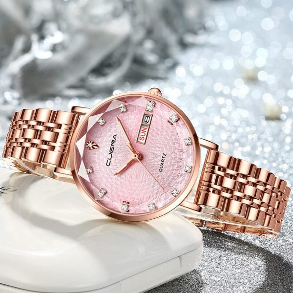 CUENA 6002 Luxury Date Rhinestone Bracelet Ladies Watch - Rose Gold